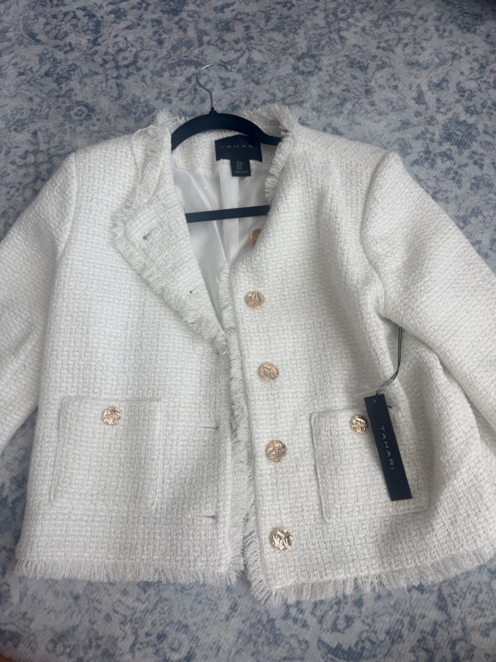 Tahari Ivory Tweed Fringed Jacket with Gold Buttons